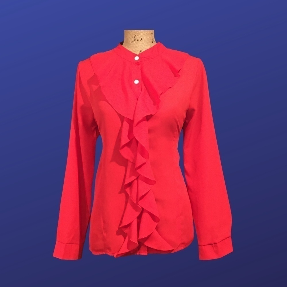 UNBRANDED Band Collar Ruffle Blouse, BRIGHT RED, Women's Size Large, NWOT